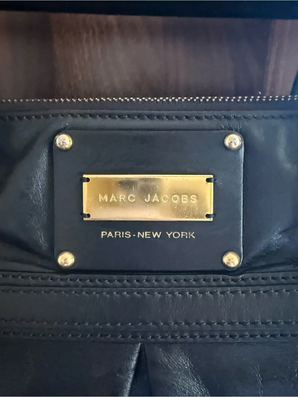 Marc Jacobs Black Leather Tote with Gold Plaque